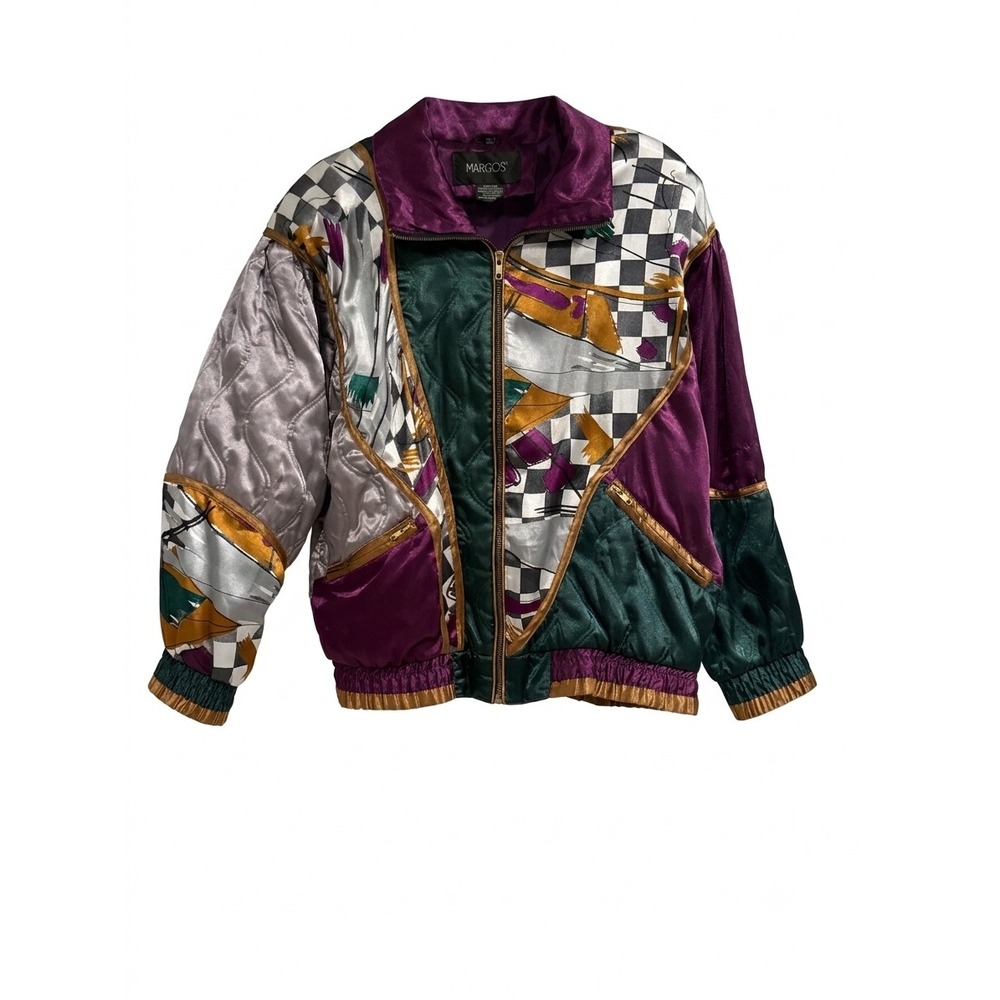Vintage Margos Patchwork Bomber Jacket Purple Green Quilted Satin Graphic Medium